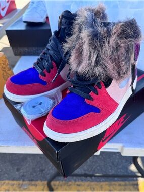 Jordan Women’s High-Top Sneakers - Red/Blue/Pink with Faux Fur